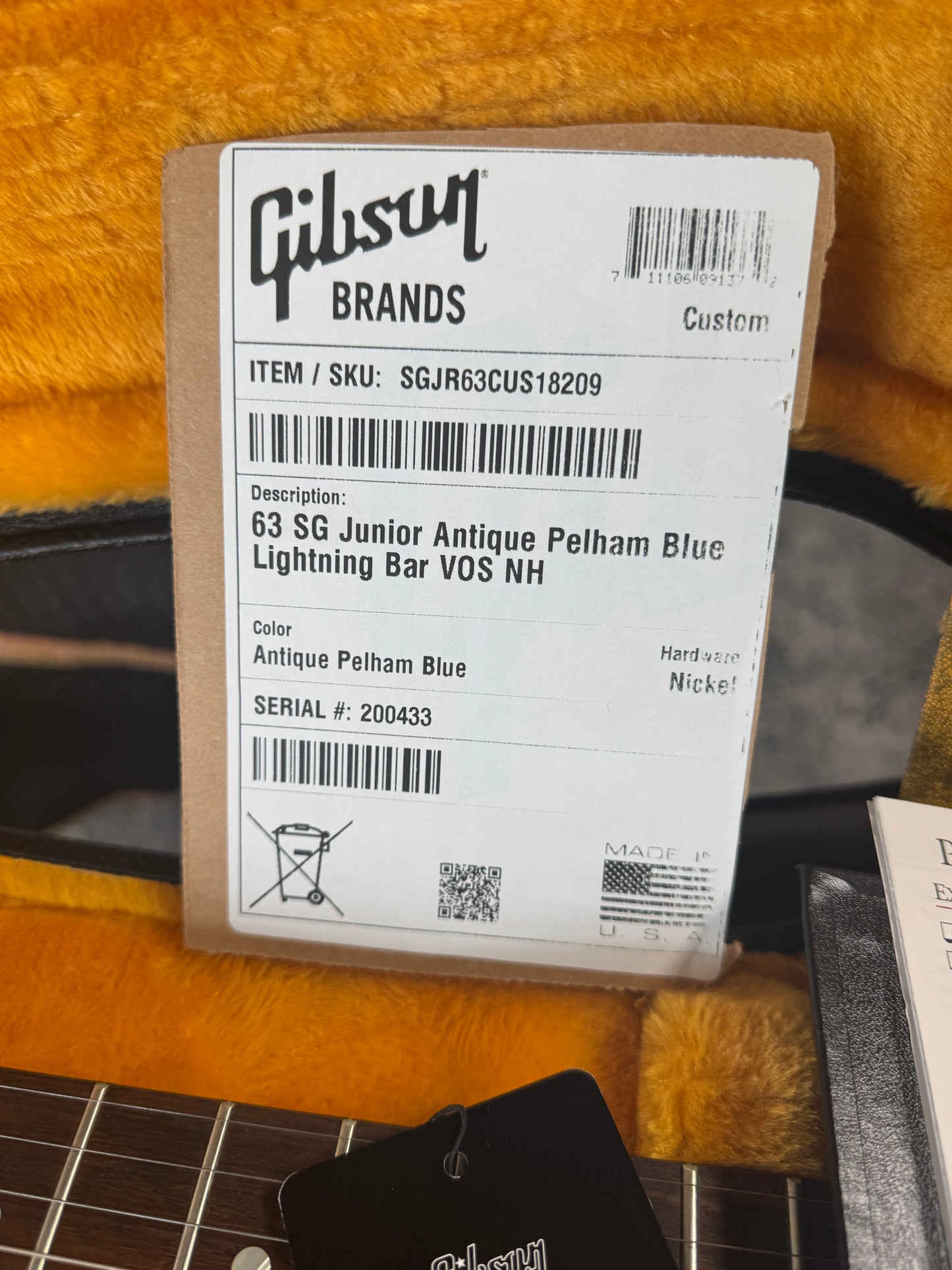 Gibson Custom Shop Special Order '63 SG Junior Antique Pelham Blue